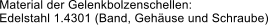 Material der Gelenkbolzenschellen: Edelstahl 1.4301 (Band, Gehuse und Schraube)